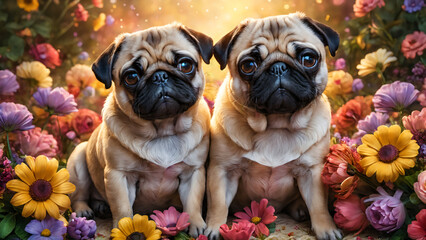 Pug dog lover in colorful flower sea on romantic valentine background.

