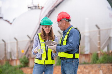 Environmental scientists or workers, wearing safety helmets and gloves, examining waste materials along a shoreline are large industrial tanks environmental waste water or pollution effects concept.