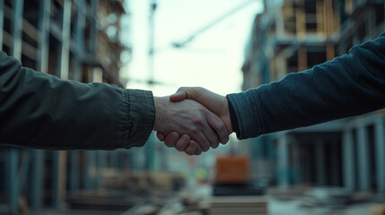 Two workers shake hands on a construction site during daylight, celebrating a successful deal