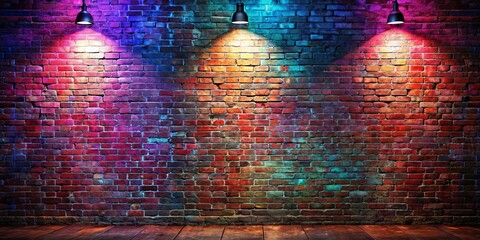 A rustic brick wall illuminated by three hanging lights casting colorful beams of light, setting a...