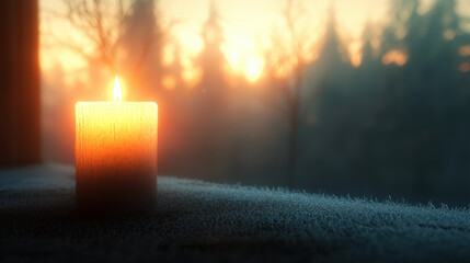 glowing candle illuminates serene setting, casting warm light against backdrop of trees at sunset. tranquil atmosphere evokes sense of peace and reflection