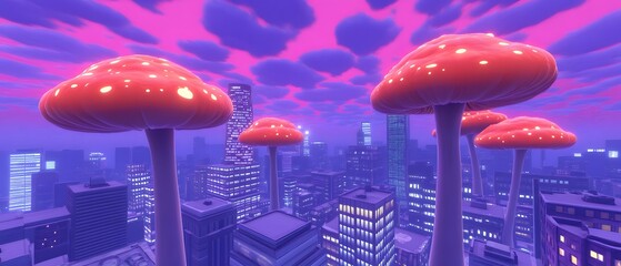 Vibrant Fantasy Cityscape with Unique Fungi Features