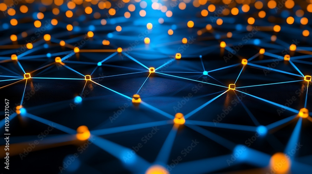 Poster a vibrant digital network with glowing nodes interconnected by lines, symbolizing technology, data, 