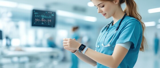 A focused nurse in scrubs checks her smartwatch for information in a modern hospital environment.