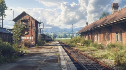 Fototapeta premium A charming, old countryside train station with weathered brick buildings, overgrown platforms, and a rusting railway track, surrounded by quiet fields and distant mountains.