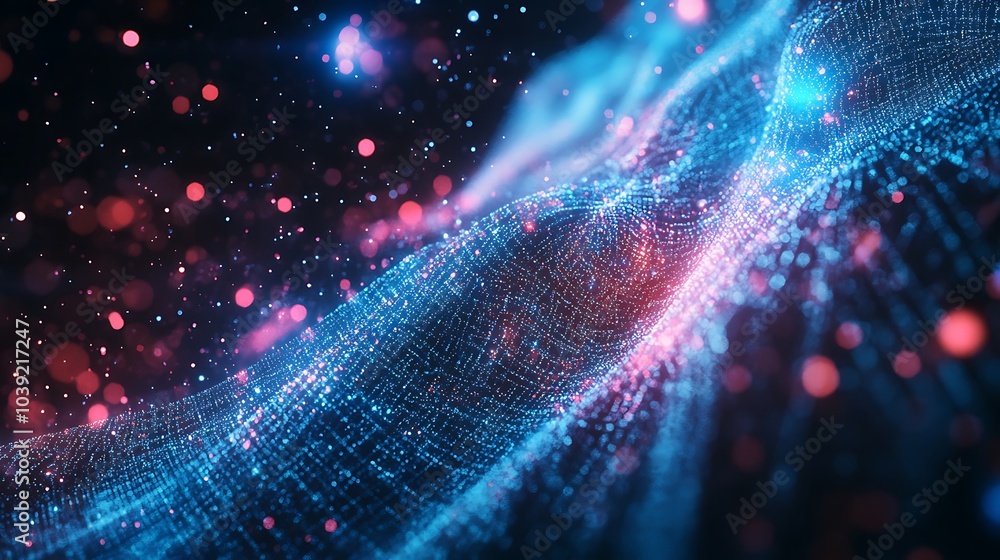 Poster a vibrant cosmic abstract, featuring glowing particles and waves of light in blue and pink hues, cre