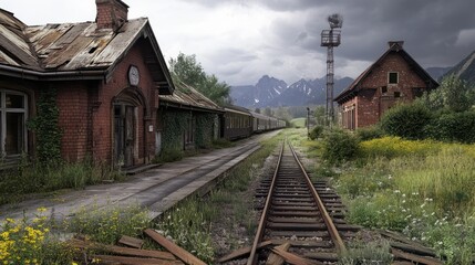 Fototapeta premium A charming, old countryside train station with weathered brick buildings, overgrown platforms, and a rusting railway track, surrounded by quiet fields and distant mountains.