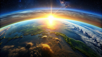 breathtaking view of Earth from space, showcasing vibrant colors of sunrise illuminating horizon. scene captures beauty of our planet, with clouds and landmasses visible