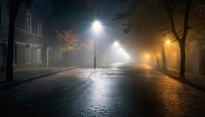 Enveloped in mist, a cobblestone street stretches into the night, illuminated by soft lamplight. A serene, mysterious ambiance.