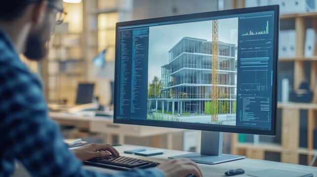 An architect designing sustainable buildings using BIM (Building Information Modeling) software on a desktop computer in a contemporary architecture studio, Modern lifestyle scene
