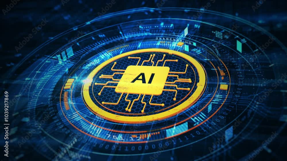 Poster a glowing ai chip at the center of a digital interface, symbolizes cutting-edge artificial intellige