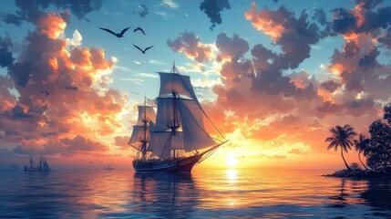 Fototapeta premium A serene sunset scene with a sailing ship and tropical landscape.
