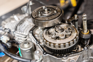 Close-up of different components of old Motorcycle clutch ,Alternating layers of fiber friction...