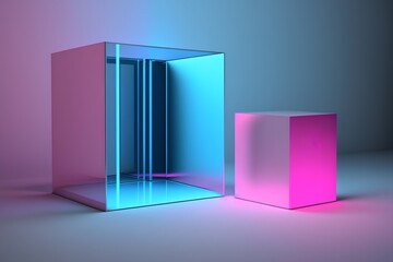 3d render of a glass showcase with a neon light in the background