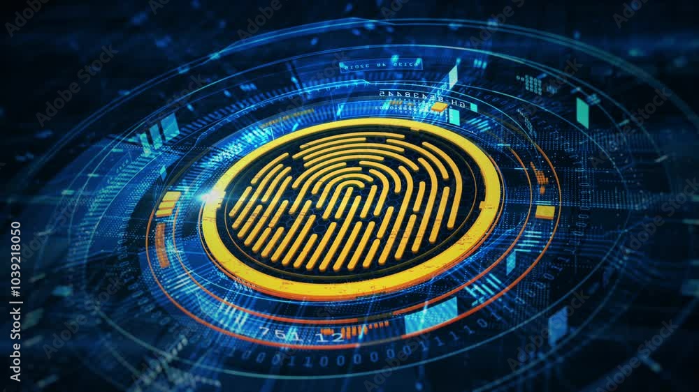 Poster digital fingerprint surrounded by a futuristic interface, representing biometric security, data encr