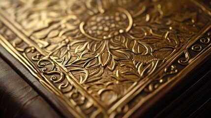 Fototapeta premium A close-up of a leather book cover featuring a detailed gold-embossed design, with intricate patterns raised from the surface, creating a tactile, luxurious finish.