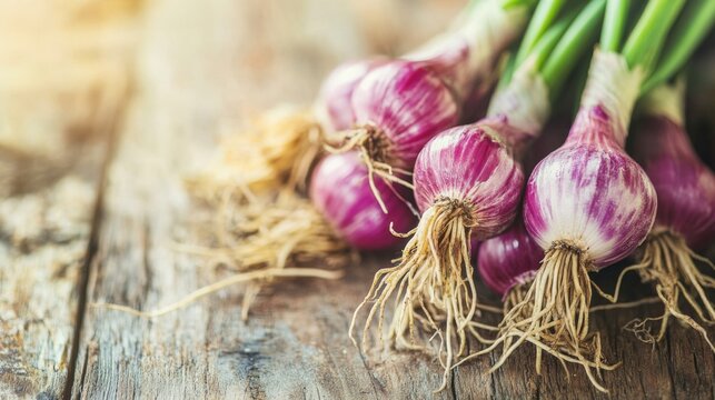 Fresh Red Onions Gathered on Rustic Wooden Table