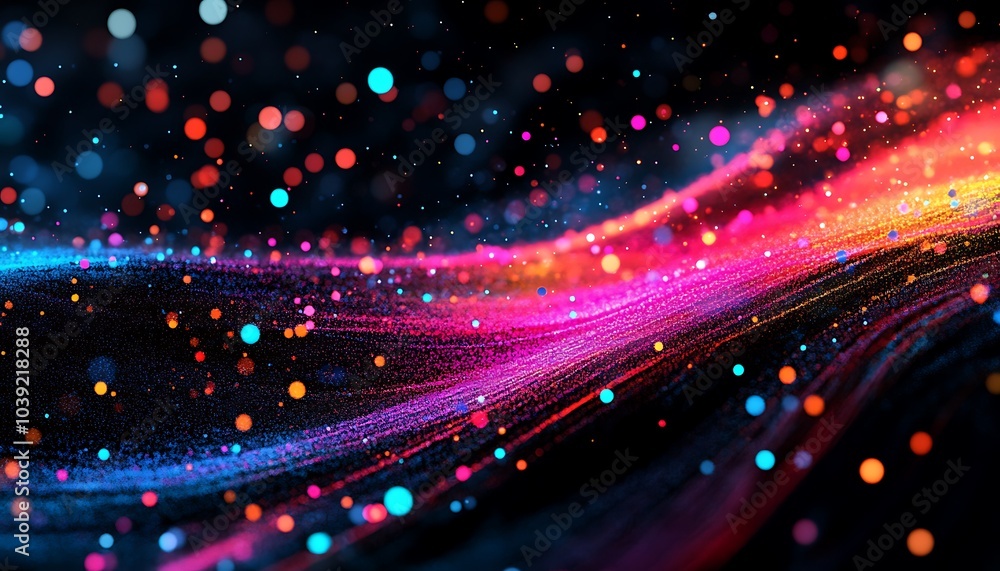 Fototapete a vibrant, colorful abstraction featuring flowing patterns of light and bokeh effects against a dark
