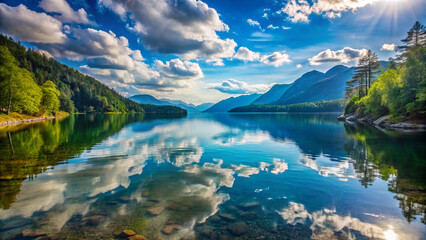 Obraz premium serene landscape featuring tranquil waters reflecting sky and surrounding mountains. lush greenery and vibrant clouds create peaceful atmosphere, inviting relaxation and contemplation