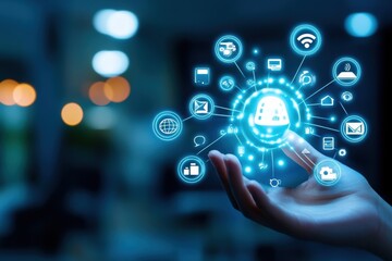 A hand holding glowing icons representing technology, communication, and innovation in a digital environment.