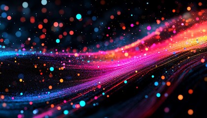 Fototapeta premium A vibrant, colorful abstraction featuring flowing patterns of light and bokeh effects against a dark background, creating a mesmerizing visual effect.