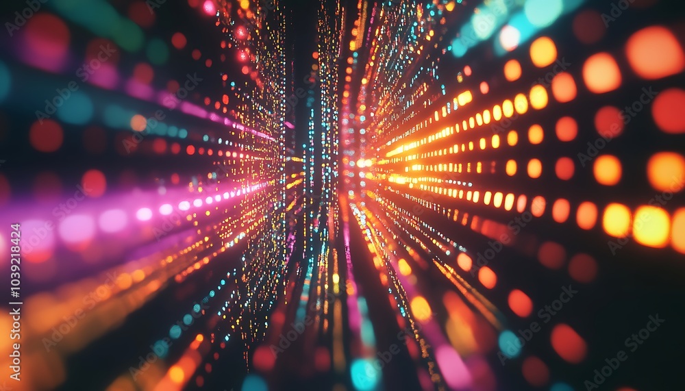 Poster A vibrant abstract visualization with colorful dots radiating outward, creating a sense of motion and depth against a dark background.