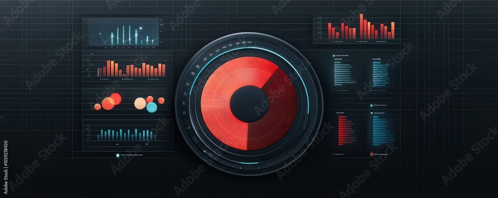 Poster a sleek, modern data visualization dashboard featuring circular and bar graphs in vibrant colors, em