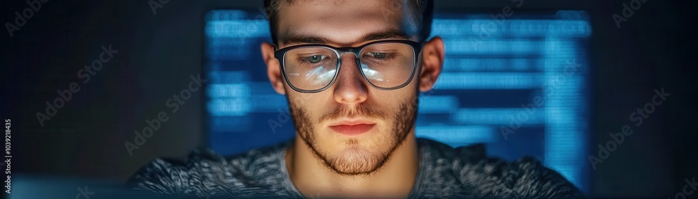 Poster a focused young man with glasses stares intently at a computer screen, illuminated by the soft glow 