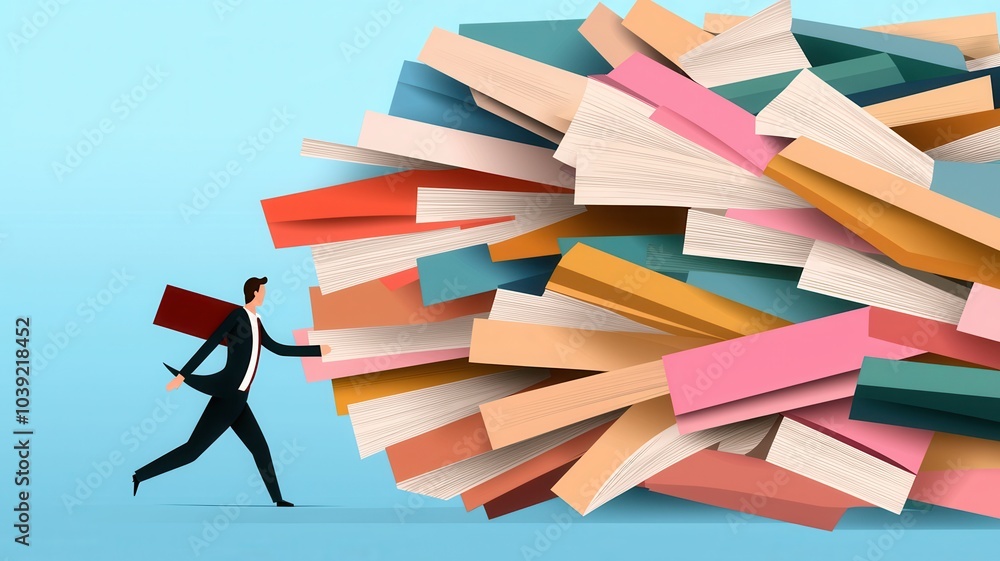Aufkleber a businessman struggles to carry a large stack of colorful documents, symbolizing overwhelming work 