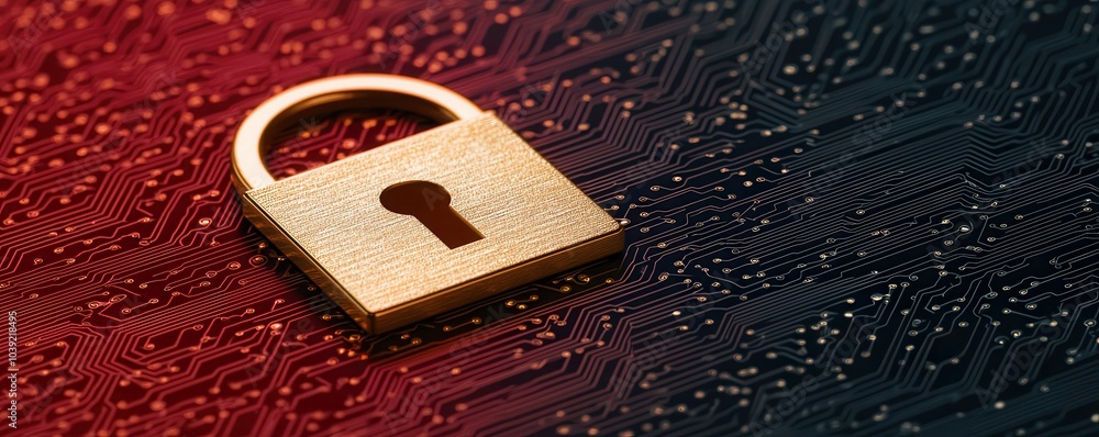 Poster a golden padlock rests on a textured surface, symbolizing security and protection in a digital world