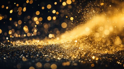 A close-up of gold glitter powder being scattered into the air, with the tiny particles catching light and creating a mesmerizing, shimmering cloud.
