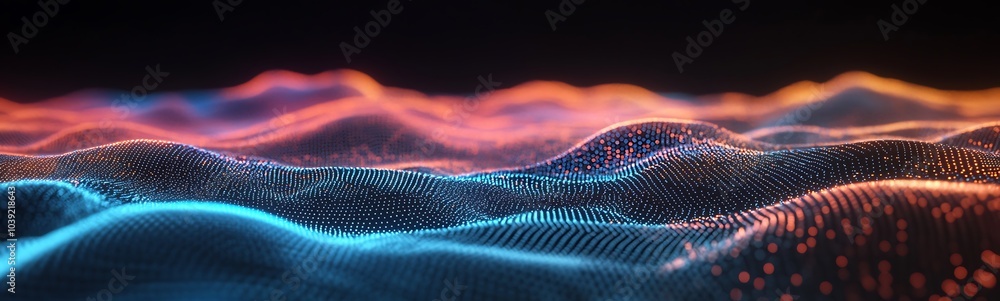 Aufkleber A vibrant, abstract visualization of flowing waves with luminous dots, creating a dynamic landscape of color and light.
