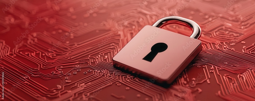 Poster a red padlock rests on a circuit-like background, symbolizing security and technology.