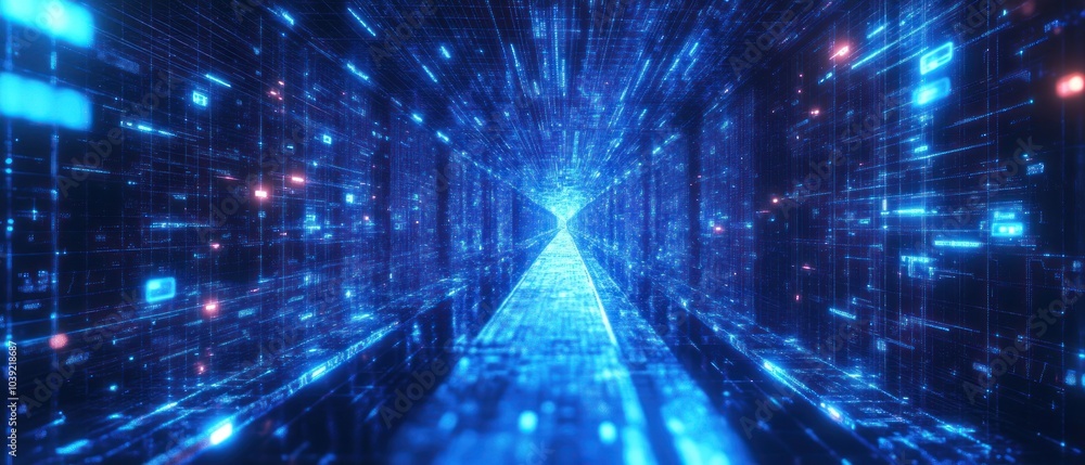 Poster a futuristic digital tunnel with glowing blue data streams and geometric patterns.