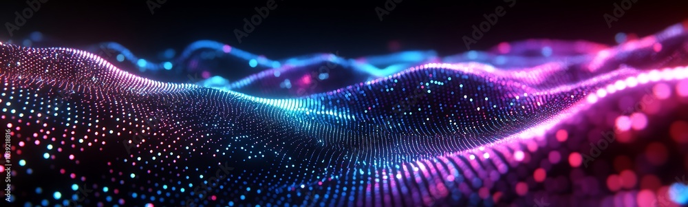 Poster a vibrant digital landscape of glowing waves in blue and pink hues, creating a mesmerizing visual ef