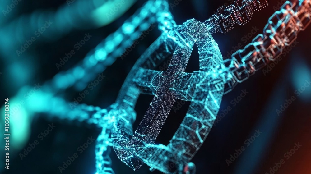 Poster close-up of an intricate digital chain with a glowing symbol on a dark background.