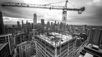 Fototapeta premium Construction of a high-rise building with a crane overlooking a city skyline in black and white