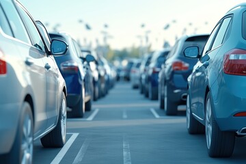 A lined view of parked cars in a spacious lot, showcasing different colors and models under clear skies.