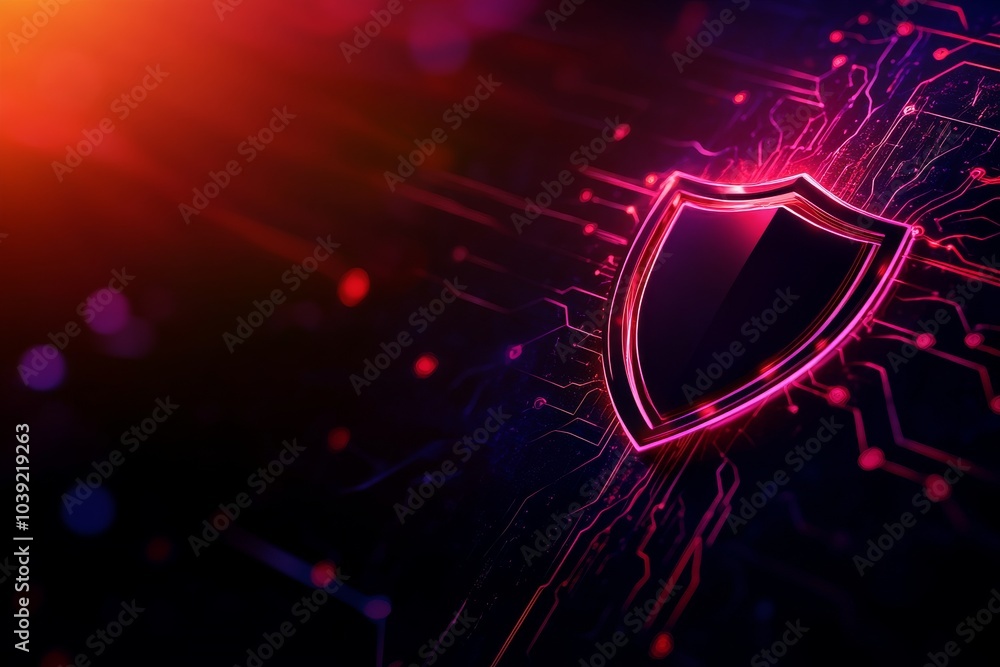 Poster digital shield icon glowing with circuits on a dark background.