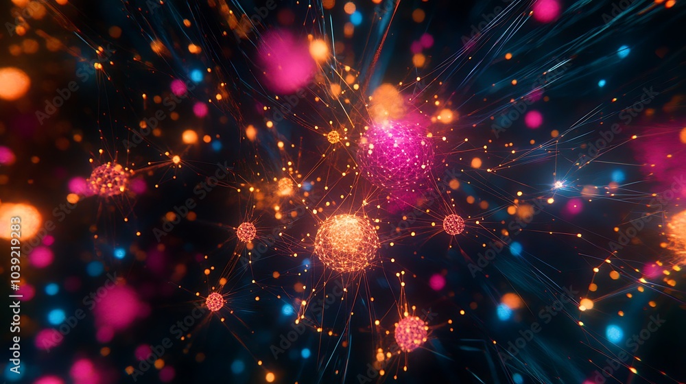 Aufkleber A vibrant, abstract representation of glowing particles and lights, creating a dynamic and colorful visual effect against a dark background.