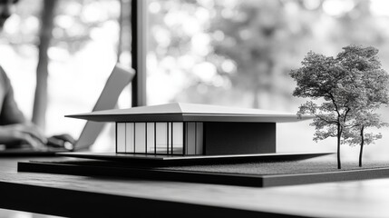 Black and White Minimalist House Model on Desk with Trees in Background