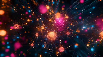 Fototapeta premium A vibrant, abstract representation of glowing particles and lights, creating a dynamic and colorful visual effect against a dark background.