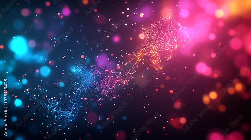 Leinwandbilder A vibrant and dynamic display of colorful particles and lights against a dark background, creating a mesmerizing visual effect.