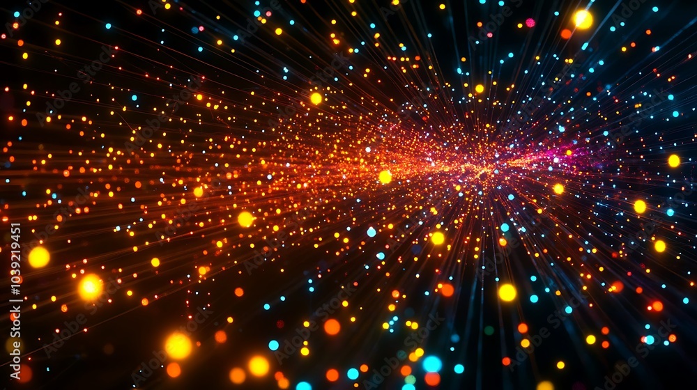 Poster a mesmerizing abstract image showcasing vibrant glowing particles radiating outward on a dark backgr
