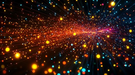 Obraz premium A mesmerizing abstract image showcasing vibrant glowing particles radiating outward on a dark background, evoking a sense of depth and energy.