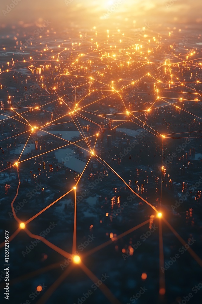 Fototapete a captivating aerial view of a city illuminated by connecting lights, symbolizing a vast network of 