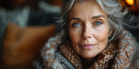 Obraz premium Close-up Portrait of a Mature Woman with Gray Hair and Blue Eyes