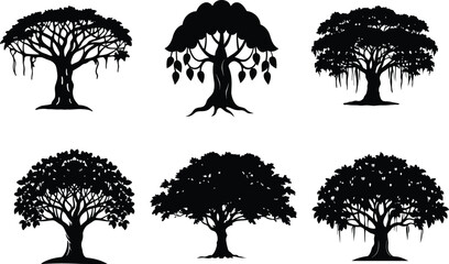 Set of banyan tree silhouette black color, banyan tree hand drawn vector, Banyan Tree Silhouette Vector art, tree icon or symble