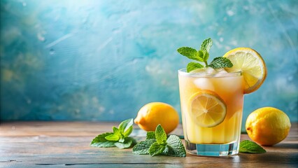 A Refreshing Glass of Iced Citrus Beverage with Mint Garnish on a Rustic Wooden Surface
