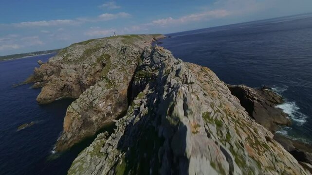 Drone Flight Above Granite Headland Pointe du Raz In Brittany, France. aerial FPV shot